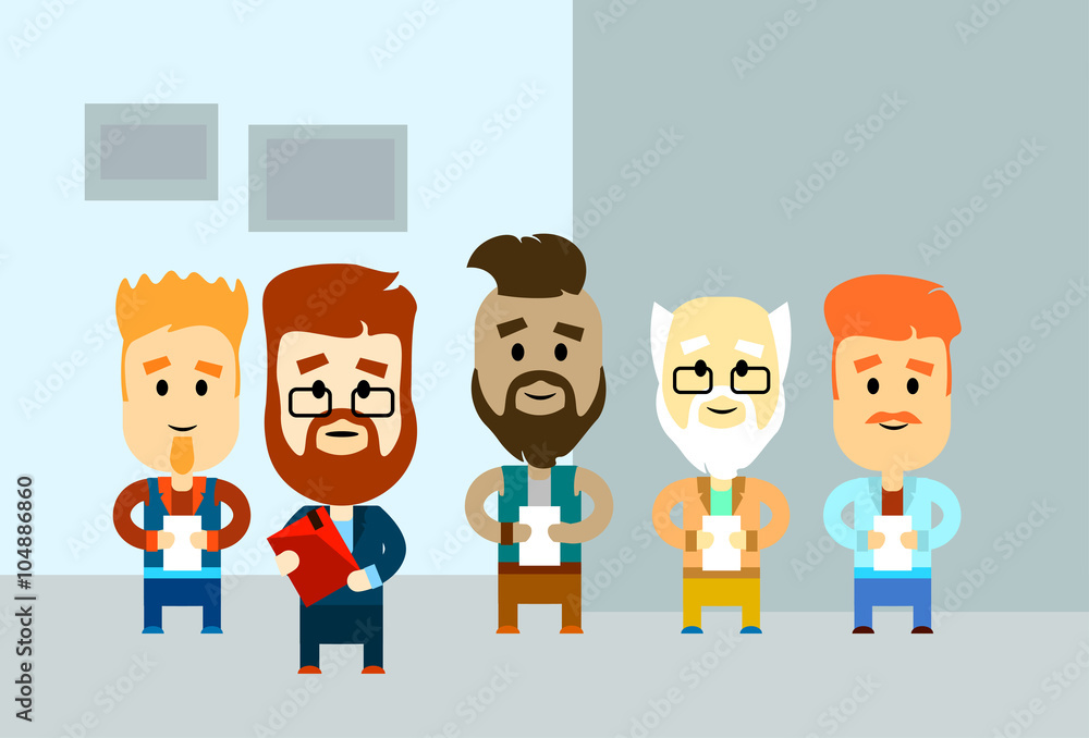 Cartoon Business Man Holding Paper Document Group Hipster Team Office