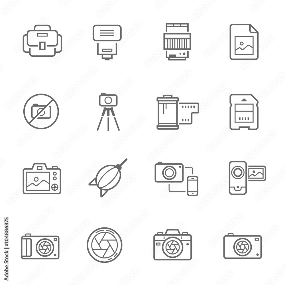 Lines icon set - camera and accessory vector illustration Lines icon set - camera and accessory vector illustration