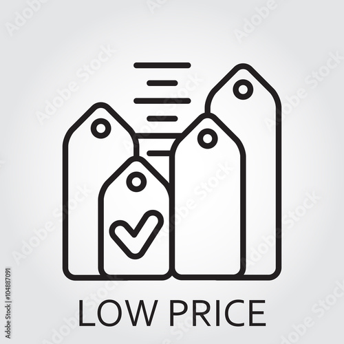 Black flat Line vector icon with a picture of low price on white background.