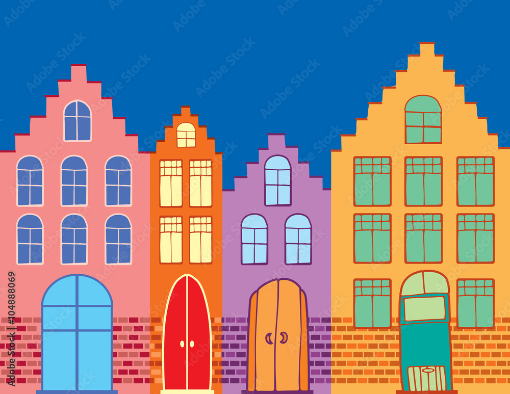 Village houses. Illustration isolated on blue background.