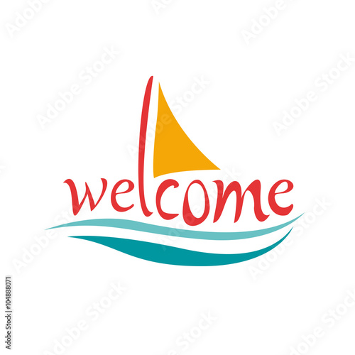 Vector text welcome on board with sea and sailing