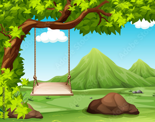 Nature scene with swing on the tree