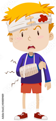 Boy having head and arm injury