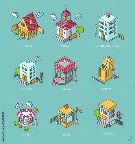 Set of Isometric Buildings. Black and white vector illustration