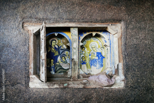 ancient orthodox church interior painted walls in gondar ethiopi photo