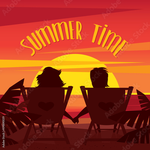 Couple sitting on the deck chairs on the beach and watching the sunset - Friendship or love concept