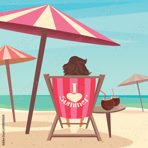 Girl sitting on a deck chair under an umbrella by the sea - Relax or laze concept
