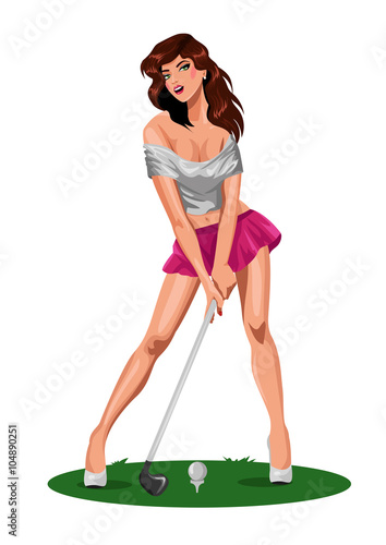 Sport beautiful  woman golfer ready to hit the ball.
