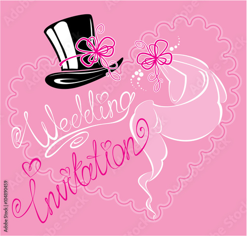 wedding invitation card with wedding veil and groom hat