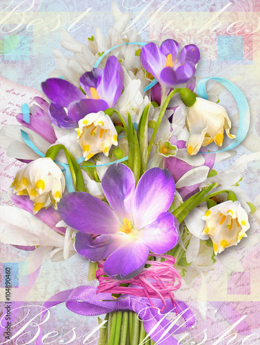 Spring festive card with flowers primroses and crocuses.