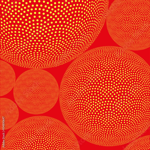 colorful dotted spheres floating, stylized tiny life forms under a microscope, in a warm orange palette