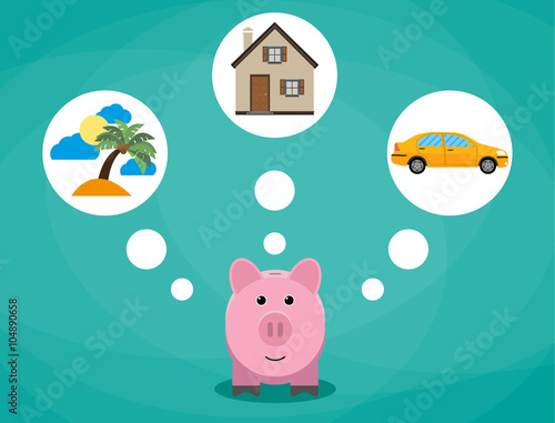 Cartoon pink piggy bank dreaming about holidays, car and house.investment, savings future planing concept flat design, vecor illustration on green background