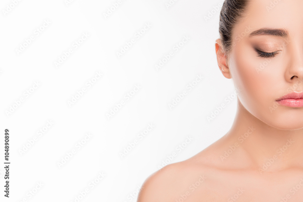 Half-side portrait of beautiful calm girl with closed eyes Half-side portrait of beautiful calm girl with closed eyes