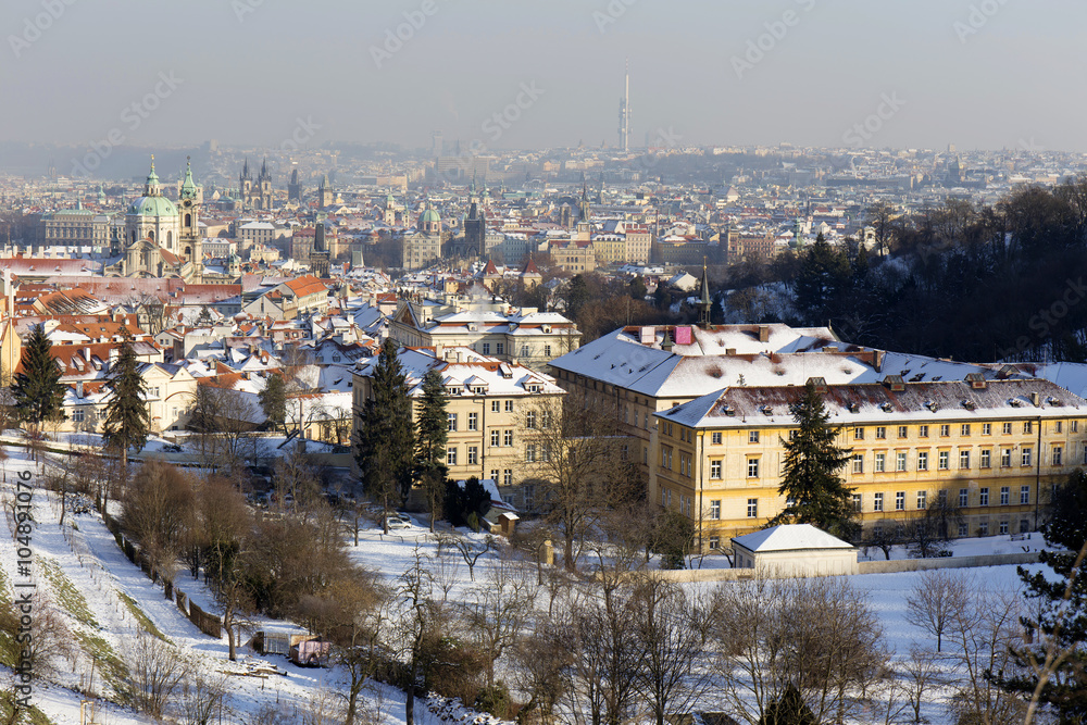Romantic snowy  Prague City in the sunny Day, Czech Republic