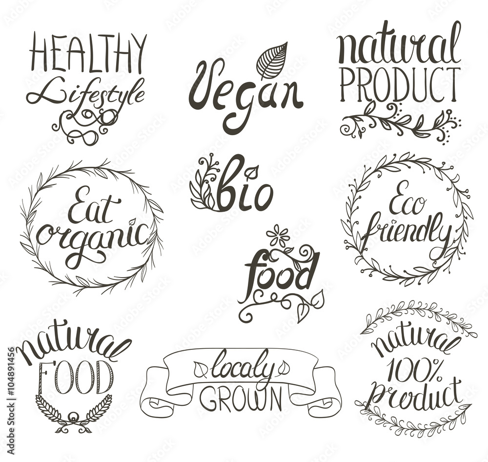 Organic, vegan, eco, bio natural food hand written sign 