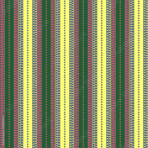 Seamless vector pattern. Symmetrical geometric green, pink and yellow background with lines and dots. Decorative repeating ornament. Series og Geometric Ornamental Patterns.