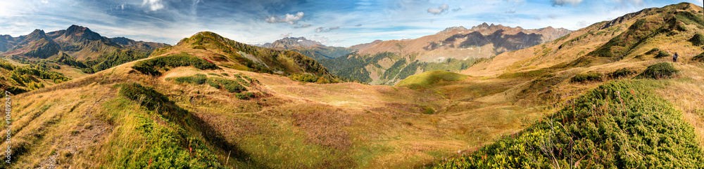 Autumn landscape in mountains of Caucasus, wide Panorama