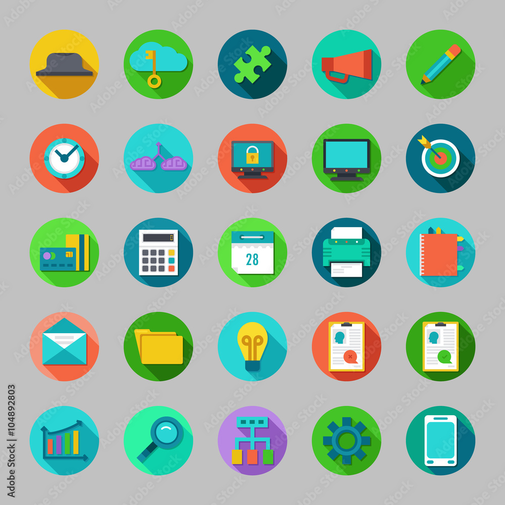 Round vector flat icons set with concepts of business, office wo Round vector flat icons set with concepts of business, office wo