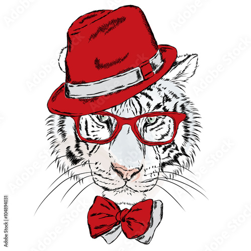 Vector tiger wearing glasses and a hat. Cute Tiger clothing. Hipster. Postcard with a predator. © vitalygrin