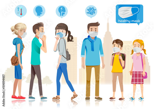 Taking care of yourself in public.Many people catch a cold.The city is filled with anthrax.People who take care of themselves from the disease.The spread of new diseases.Graphic design and EPS 10. photo