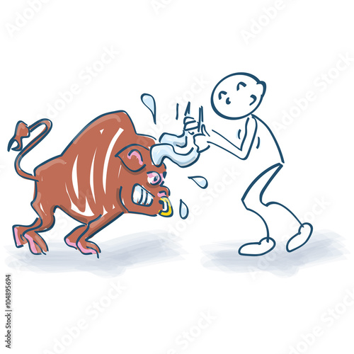 Strichmännchen mit Bulle an den Hörnern packen