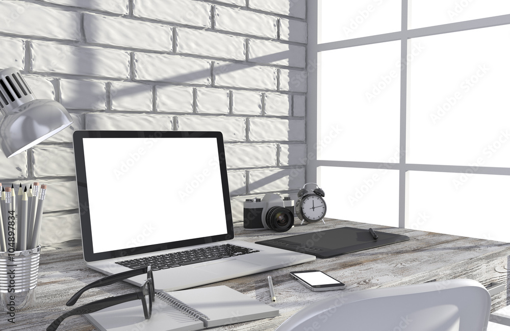 Fototapeta premium 3D illustration laptop and work stuff on table near brick wall, Workspace