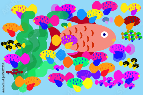 An aquarium crowded of too many coloured fishes