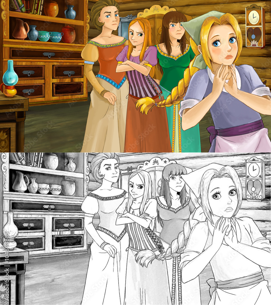 Cartoon scene for different fairy tales - two sisters are talking and  plotting with mother - with additional coloring page - illustration for  children Stock Illustration | Adobe Stock