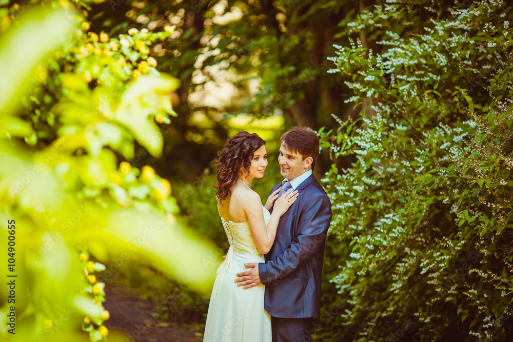 Happy newlywed romantic couple hugging in the park Happy newlywed romantic couple hugging in the park