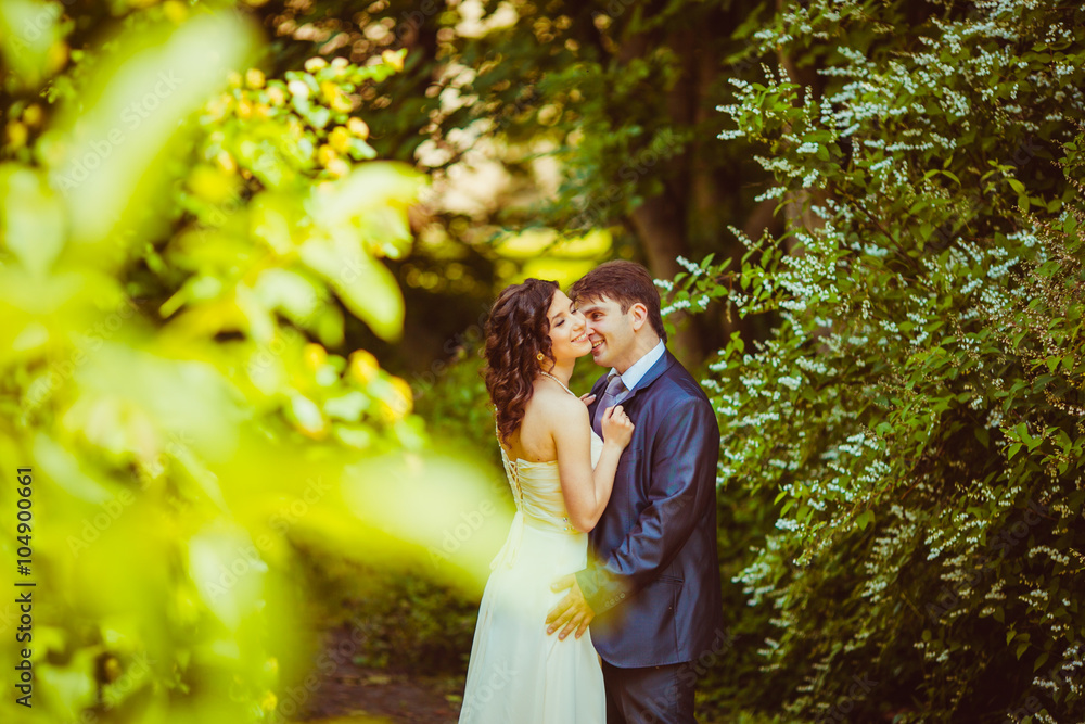 Happy newlywed romantic couple hugging in the park Happy newlywed romantic couple hugging in the park
