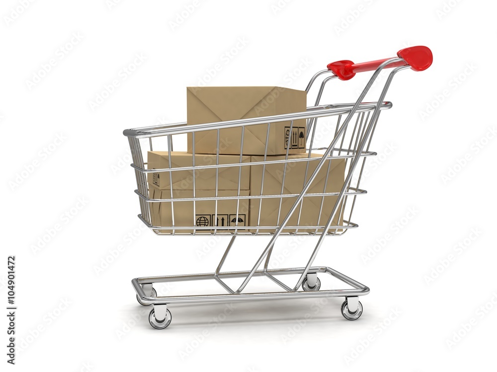 Shopping cart with parcel, 3d