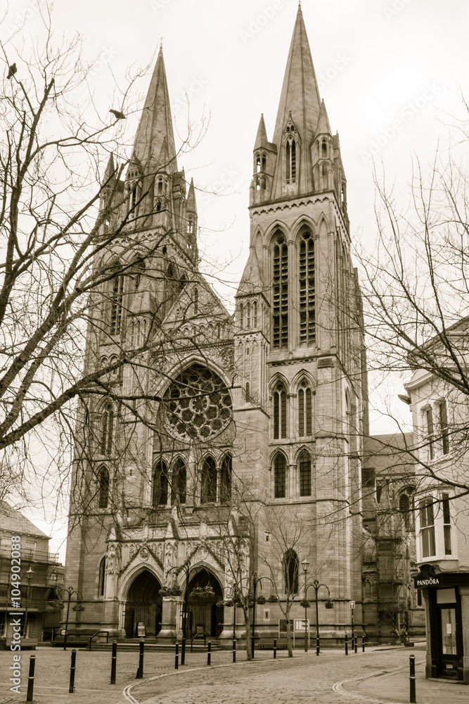 Truro Cathedral facade sepia tone