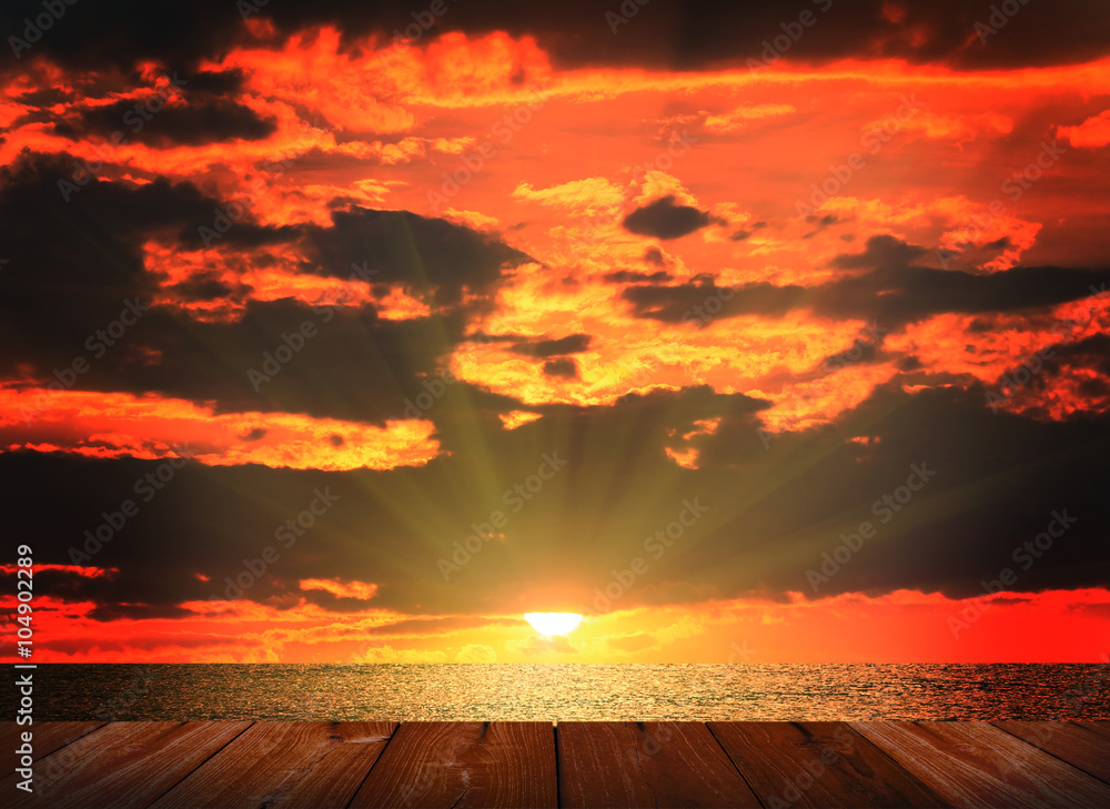 sunset sky and wood floor, background