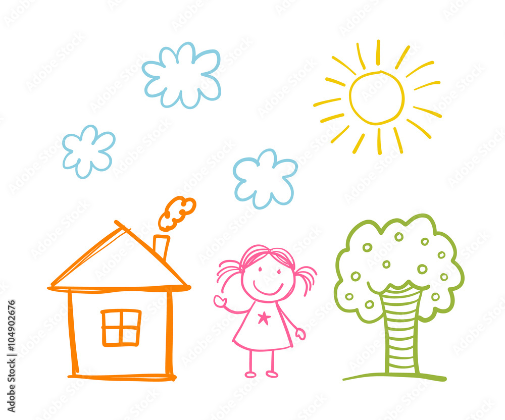 Doodle children`s drawing with happy girl, house, tree, clouds and sun Doodle children`s drawing with happy girl, house, tree, clouds and sun