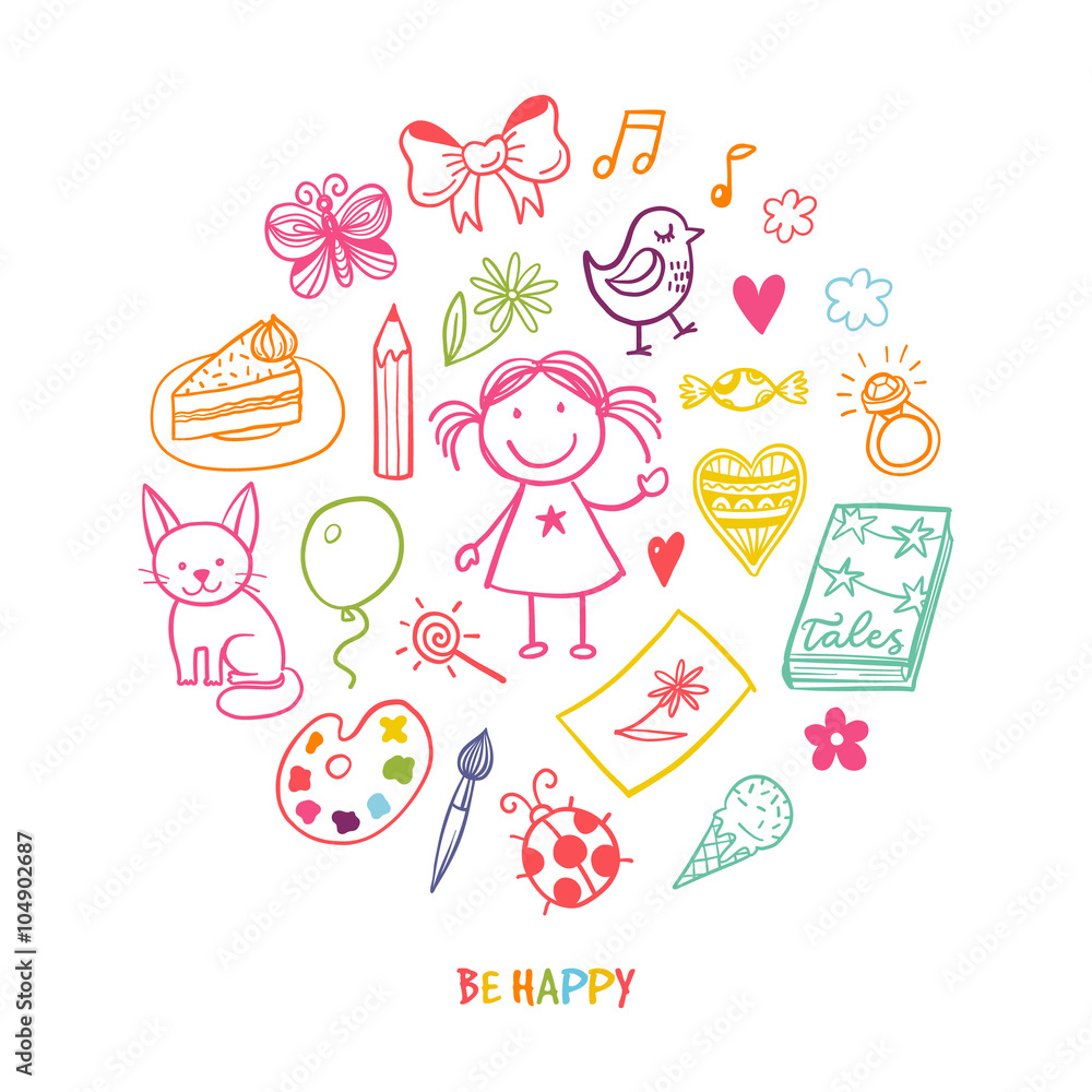 Fototapeta premium Doodle greeting card with happy girl and her toys and tools