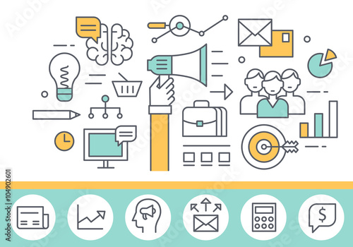 Marketing concept illustration, thin line style, flat design