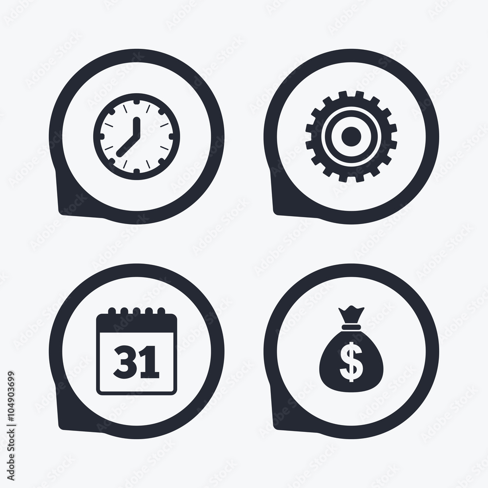 Business signs. Calendar and USD money bag icons Business signs. Calendar and USD money bag icons