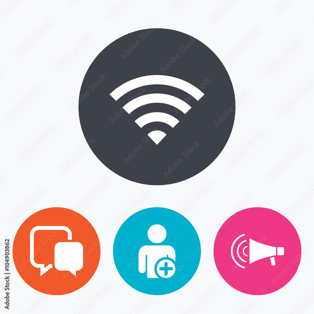 Wifi and chat bubbles. Add user, megaphone. Wifi and chat bubbles. Add user, megaphone.