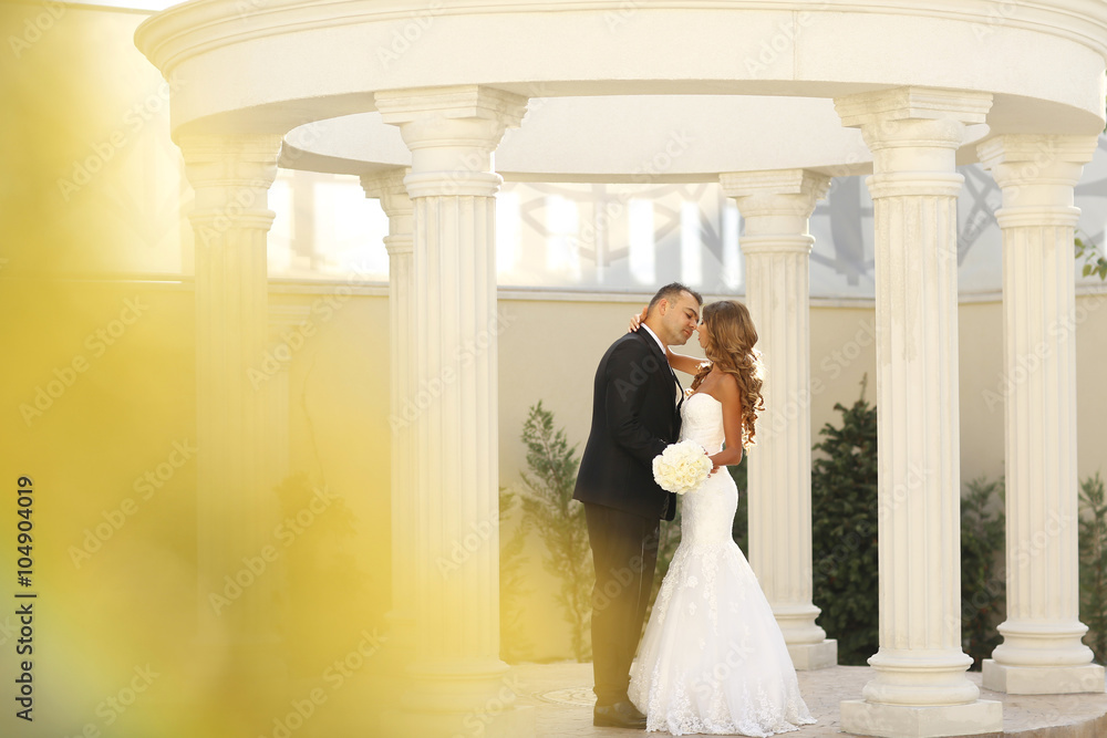 Beautiful bridal couple embracing near columns