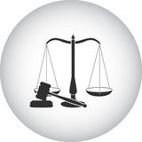 Scales of justice and judge hammer simple icon on round background
