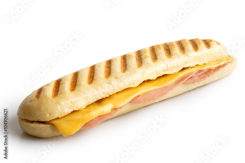 Cheese and ham toasted panini. Isolated on white. photo