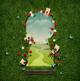 Beautiful green background with roses and cards in keyhole