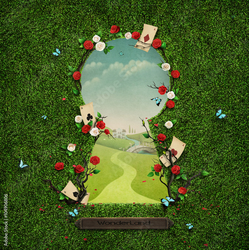Beautiful green background with roses and cards in keyhole