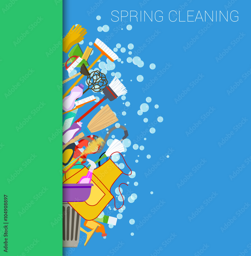 Spring cleaning vertical border background. Set of cleaning supplies