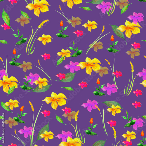 The pattern of bright flowers in watercolor