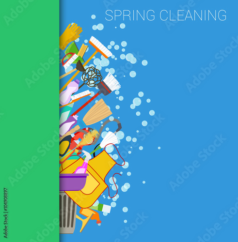 Spring cleaning vertical border background. Set of cleaning supplies. Tools of housecleaning. Vector
