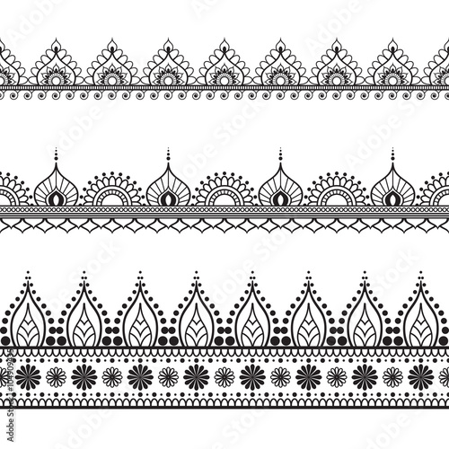 Border line lace mehndi elements in Indian style for card and tattoo isolated on white background.