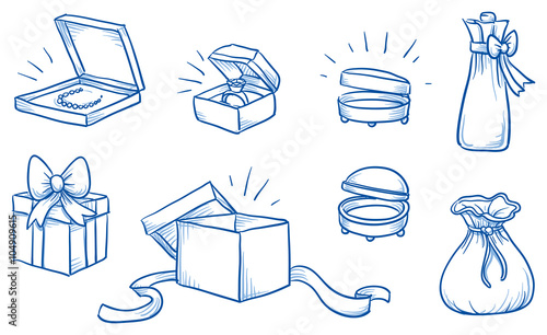 Set of different jewelry and present boxes and packaging. Hand drawn vector illustration