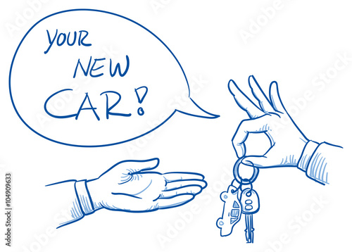 Hand of business man giving car keys to customer with speech bubble. Hand drawn vector cartoon Illustration