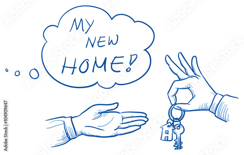Hand of business man giving house of flat keys to customer with thought bubble. Hand drawn vector cartoon Illustration